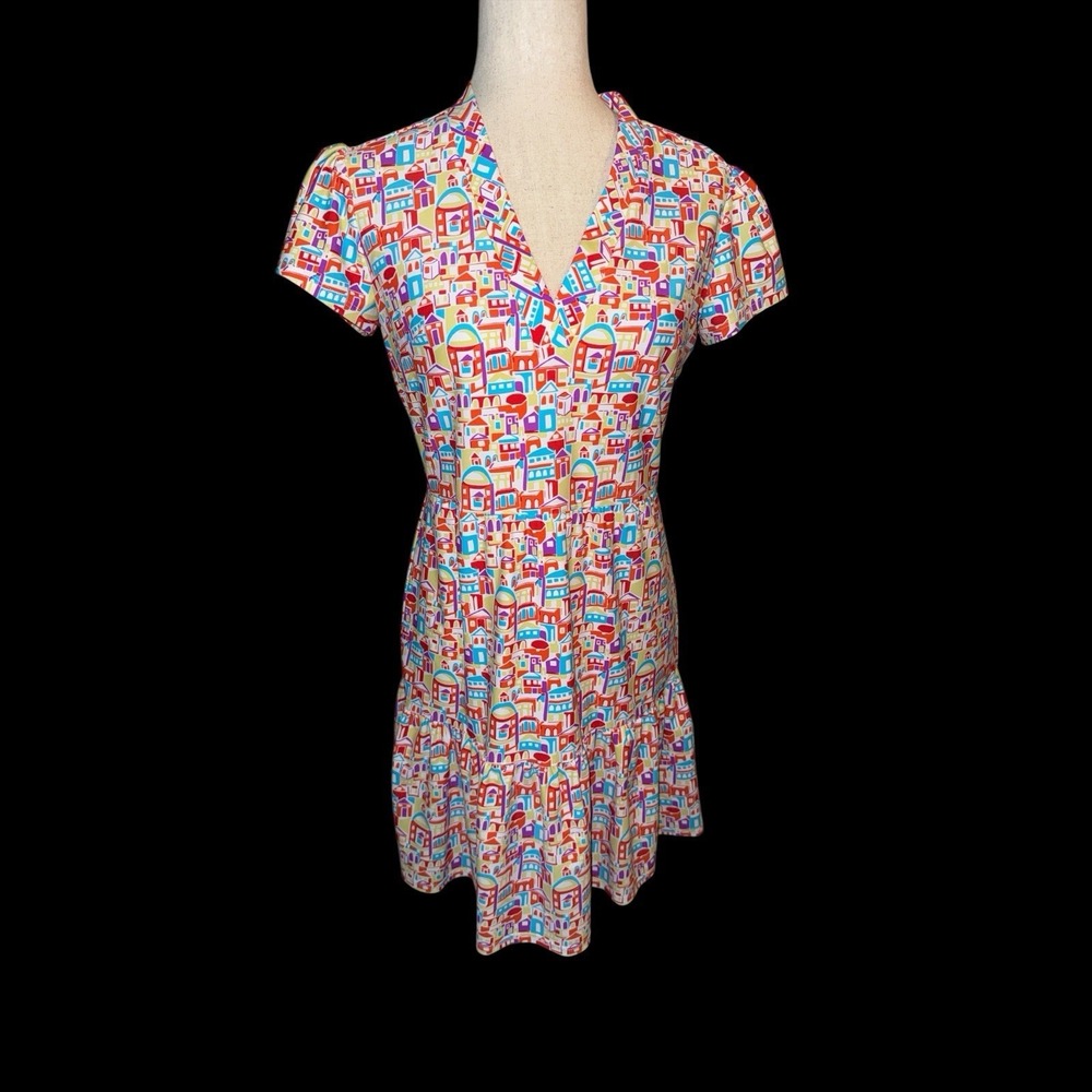 Jude Connally Colorful House Print Sz XS Women's V-Neck Travel Summer Golf